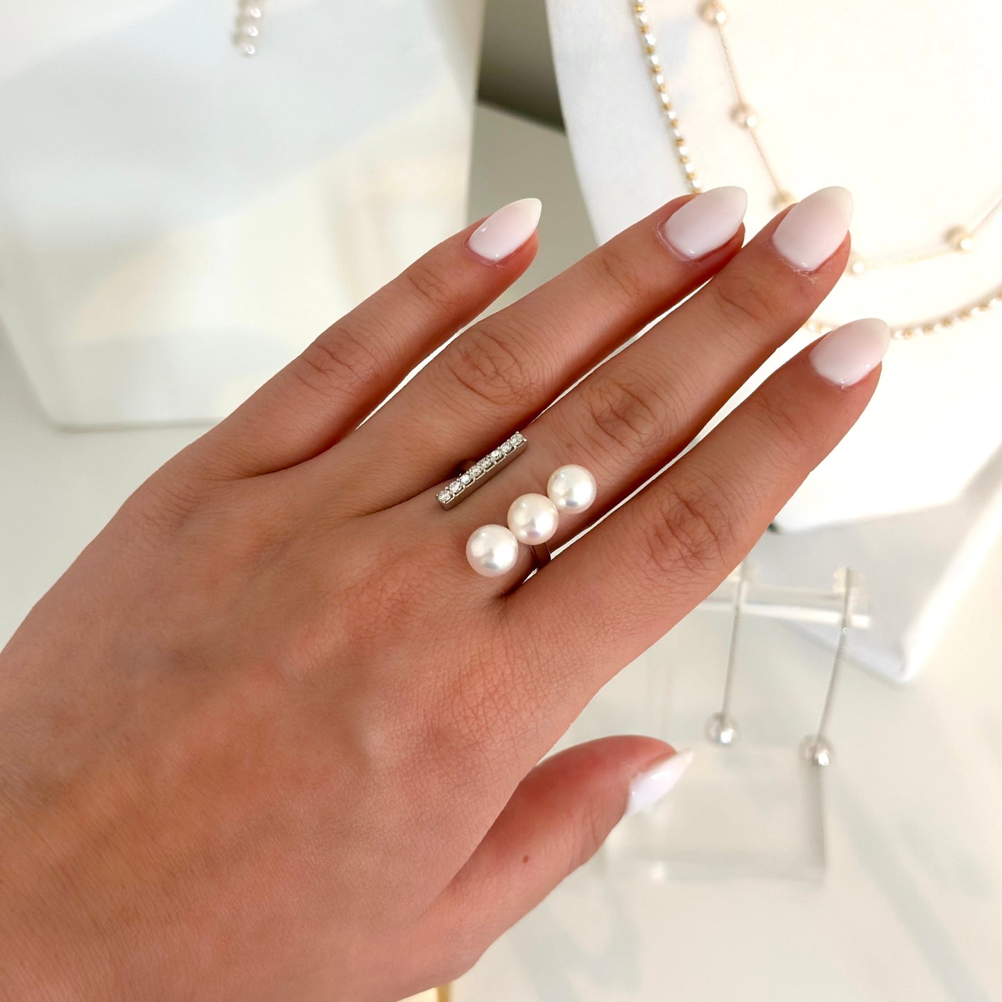 Vertical Diamond & 3 Pearl Statement Ring